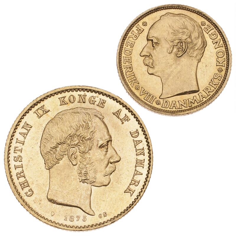 20 kr 1873 CS, H 8A, F 295, and Frederik VIII, 10 kr 1908 VBP, H 2, F 298. (2)