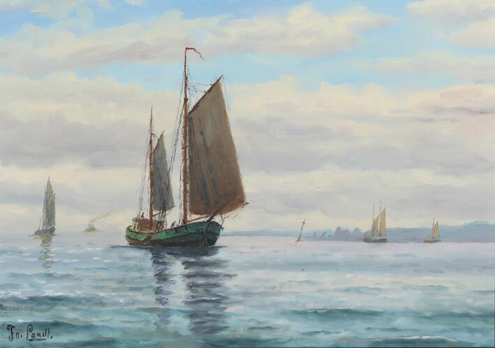 Frants Landt: Seascape with sailling ships. Signed Fn. Landt. Oil on ...