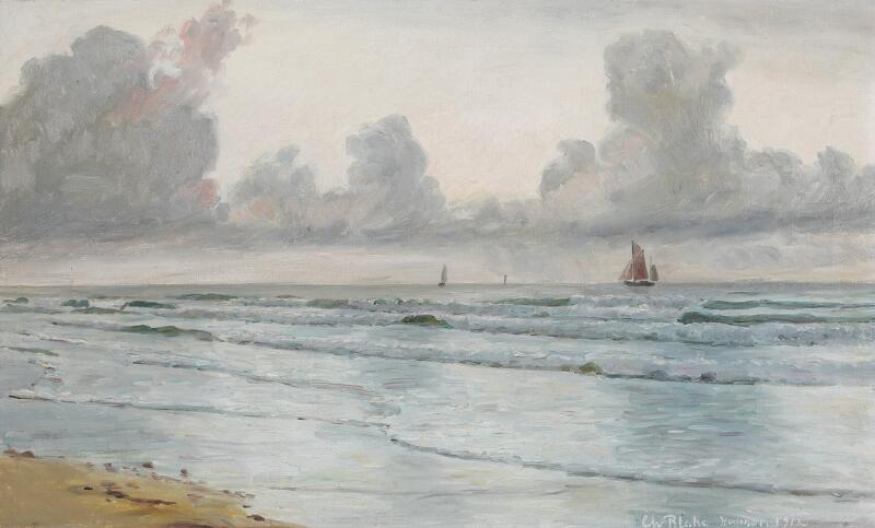 Christian Blache: Coast scenery from Hirtshals on a cloudy day. Signed ...