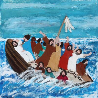 “Stormen på søen”. (Jesus Calms the Storm). Signed Carla Thonsgaard. Oil on paper. Visible size 39×39 cm.