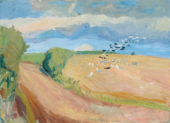 Landscape with flying seagulls. Signed and dated W. J. 36. Oil on canvas. 73×100 cm.