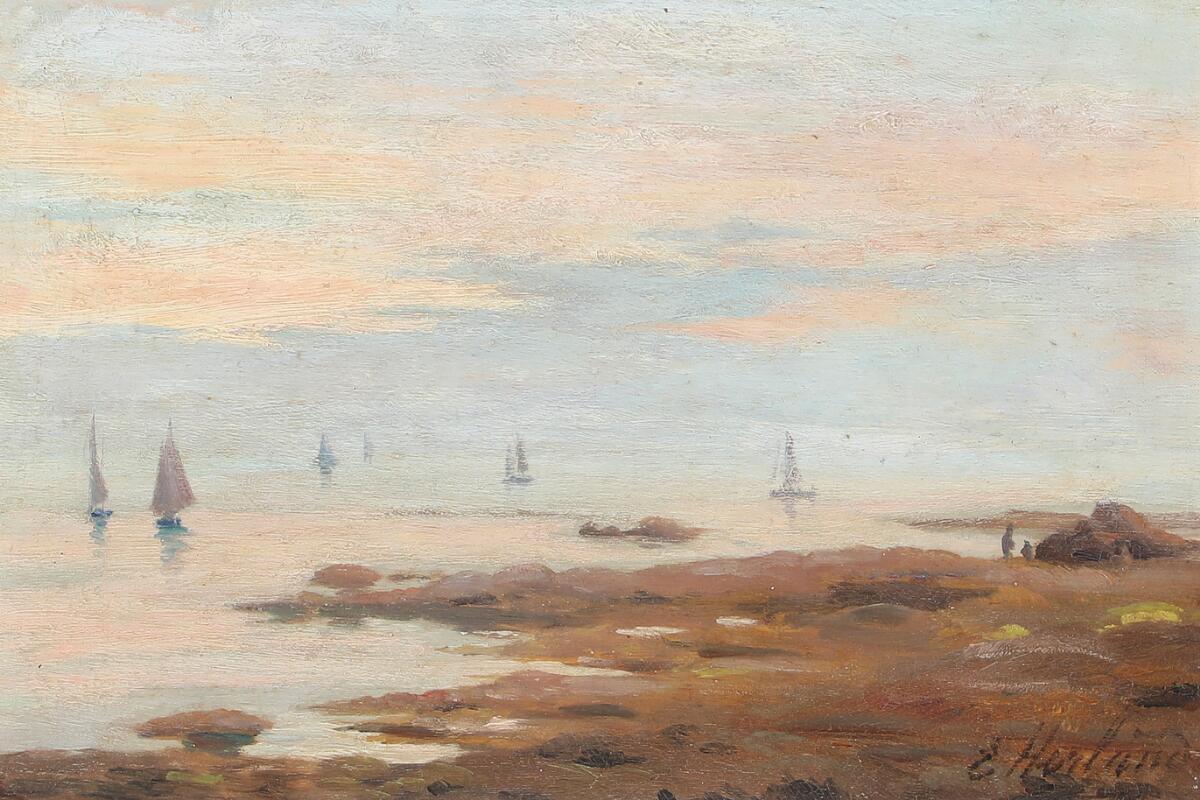 Emma Herland: Fishing boats on the coast of Holland. Early morning. Signed E. Herland. Oil on canvas. 25×37 cm. — Paintings — Bruun Rasmussen