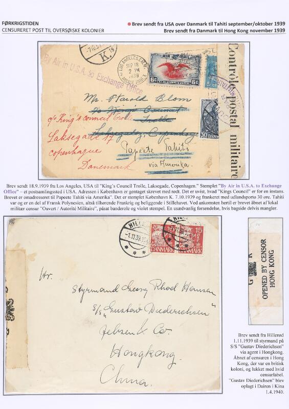 1939. Exhibition page with 2 censored covers from Denmark to