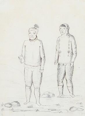 Two Inuits with a hymnal. Unsigned. Pencil on paper. Sheet size 15×10 cm.