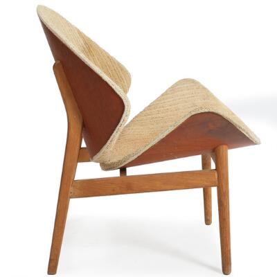 Hans Olsen: Teak and oak easy chair, upholstered with light