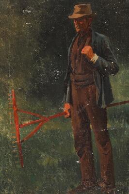 A farmer with a rake. Signed monogram. Oil on canvas. 41×28 cm.
