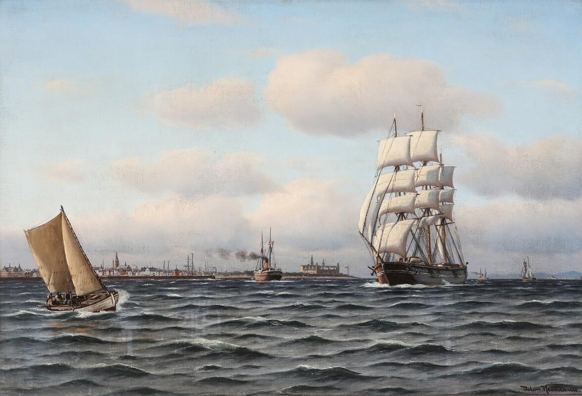 Johan Neumann: Sailing ships and boats passing Kronborg Castle in