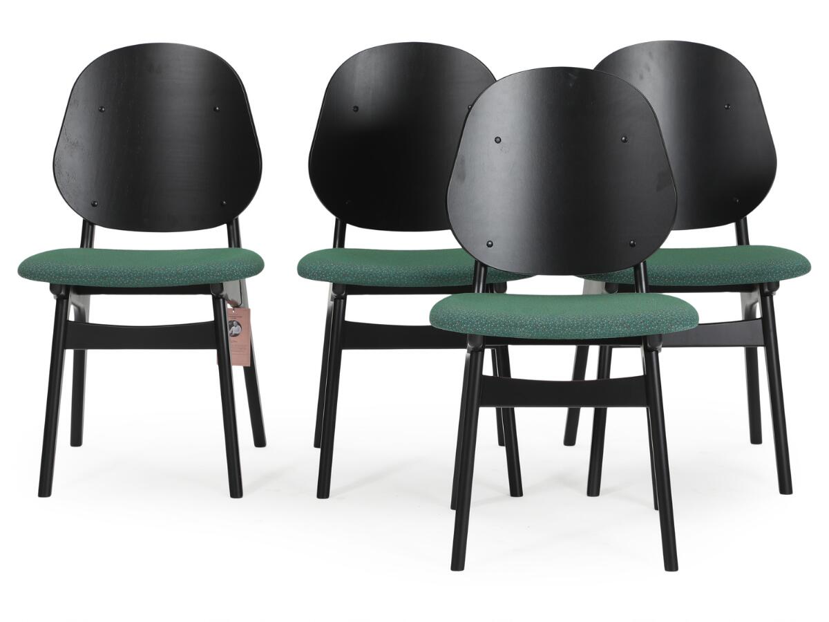 Arne Hovmand-Olsen: "Noble". Four chairs of black lacquered wood, seats upholstered in green fabric. Made and marked by Warm Nordic. (4)