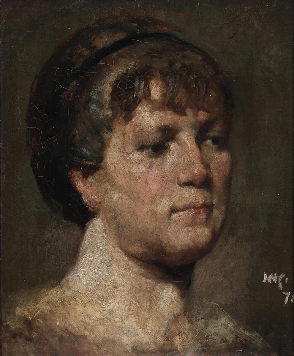 Hans Nikolaj Hansen: Portrait of a young woman wearing a headband. Signed with monogram and dated 78. Oil on canvas. 35 x 29 cm.