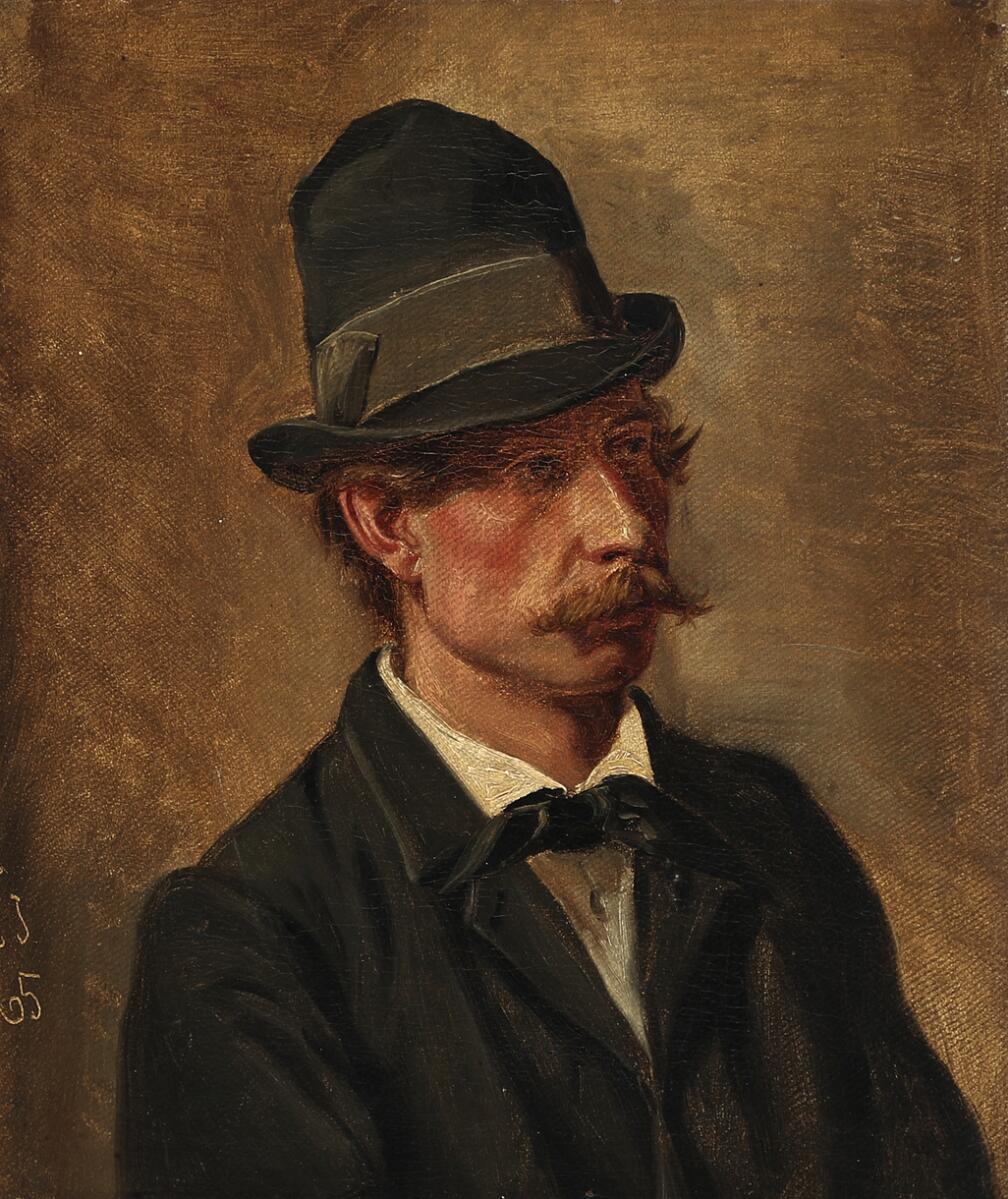Hans Christian Jensen: Portrait of a man wearing a hat. Signed and dated C. J. 65. Oil on canvas. 33 x 28 cm.