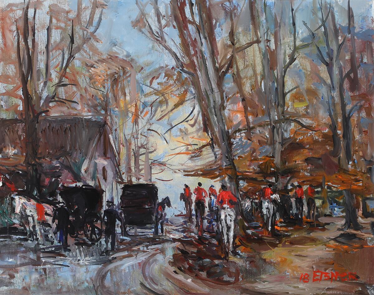 Ib Eisner: Hubertus hunt in Denmark. Signed Ib Eisner. Oil on canvas. 40 x 50 cm.