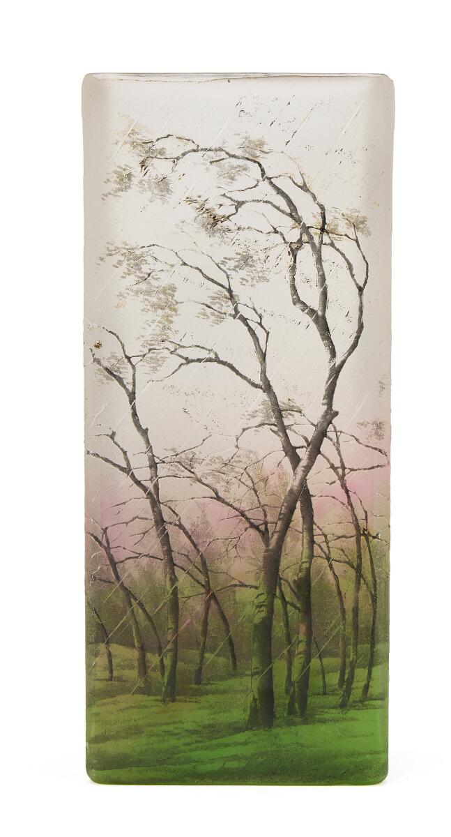 Daum Nancy: Cameo vase of green, violet and clear glass. Carved with birch trees in wind and rain. H. 18.7 cm.