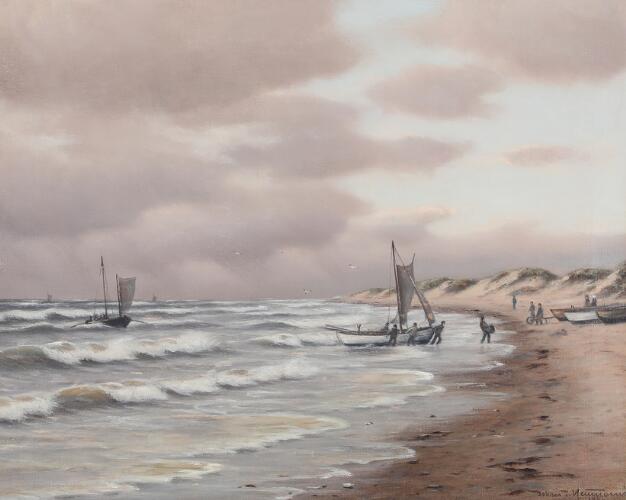 Johan Neumann: Beach view with fishermen bringing in their catches ...