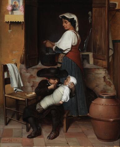 Carl Thomsen: Interior from an Italian peasant kitchen. Signed with monogram and dated 1878. Oil on canvas. 37 x 30.5 cm.