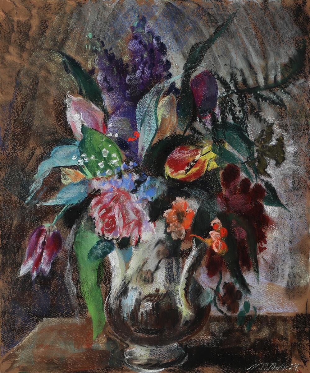 N. P. Bolt: Still life with flowers in a vase. Signed N. P. Bolt 24. Pastel on paper. Sheet size 66 x 53 cm.