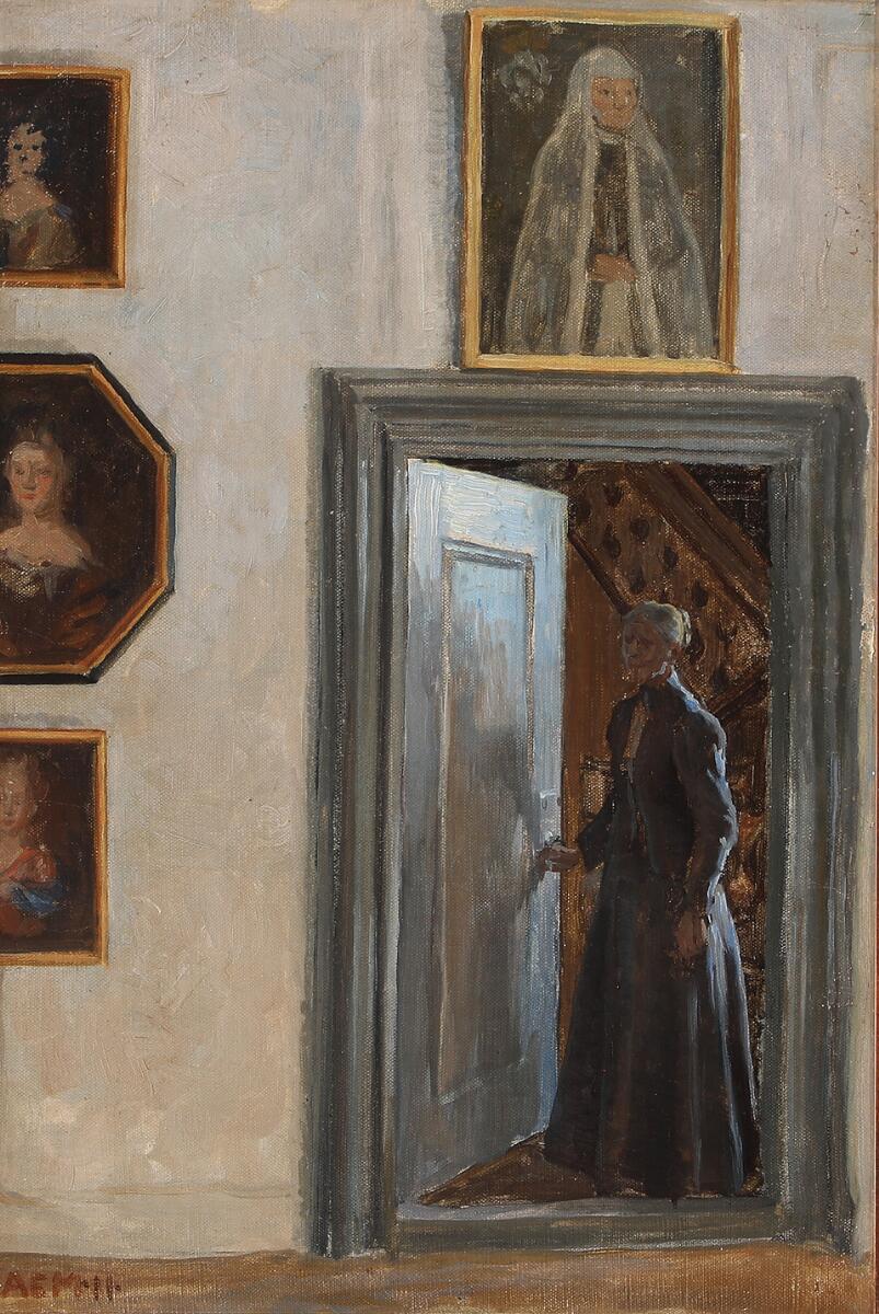 Anna E. Munch: Interior with a woman standing in a doorway. Signed AEM 11. Oil on canvas. 49 x 33 cm.