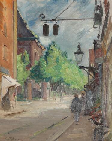 Sally Philipsen: Steet scene. Signed Sally Phillipsen. Oil on canvas. 63 x 50 cm.