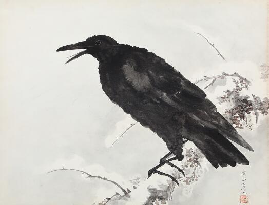 B4原画 crow Ozawa Nankoku: A crow seated on a branch. Signed. Watercolour on