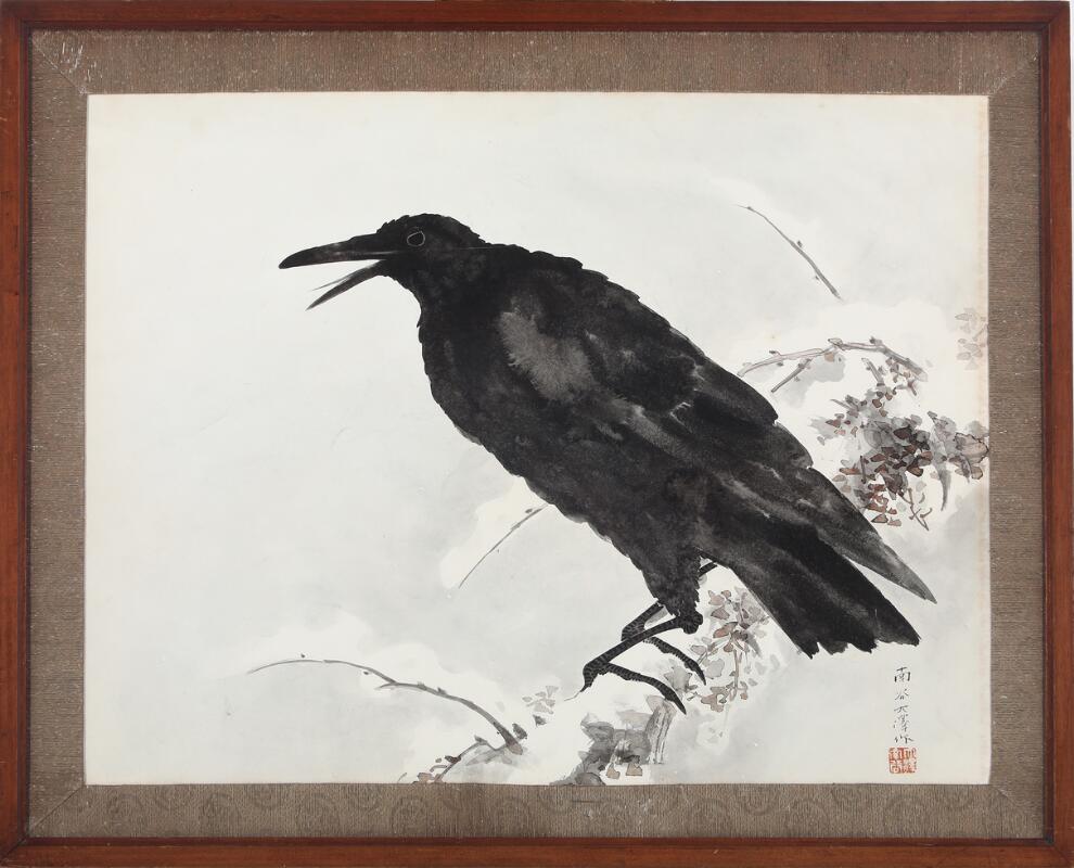 Ozawa Nankoku: A crow seated on a branch. Signed. Watercolour on