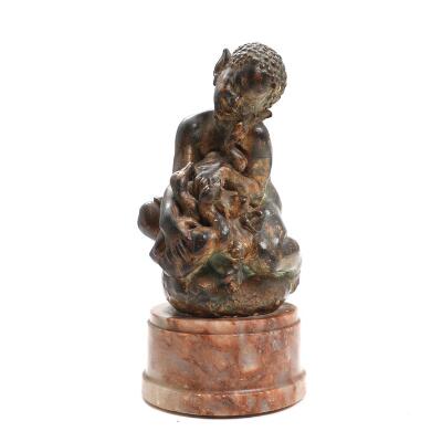 Faun and geese. Signed monogram. Patinated plaster. Mounted on a reddish alabaster base. Total H. 32 cm.