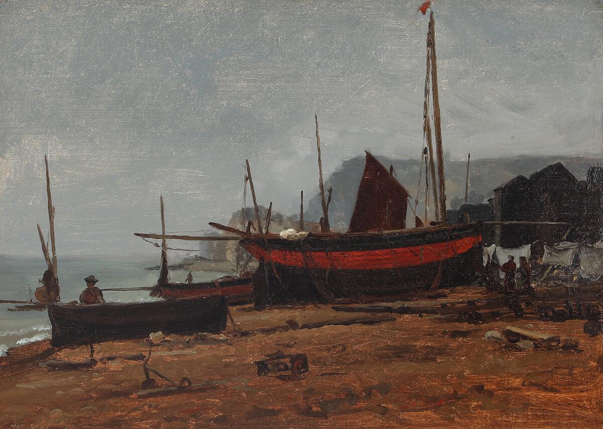 Wilhelm Xylander: Fishing boats on the beach. Signed W. Xylander. Oil on canvas. 29×40. — Paintings — Bruun Rasmussen