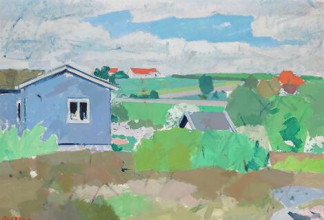 Olaf Rude: Landskab med huse, junidag. Signeret Olaf Rude 46. Olie på lærred. 81 x 117 cm.