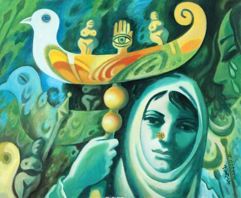 Mahoud Ahmad: Komposition med kvinder, fugle og hamsa. Signeret Mahood.A. Olie på lærred. 65 x 79 cm.