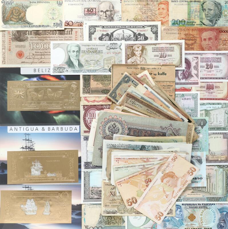 Collection of mostly foreign banknotes, as well as some emergency