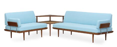 Peter Hvidt, Orla Mølgaard-Nielsen: A solid teak living room consisting of a corner table, and three seater- and two seater sofas. (3)