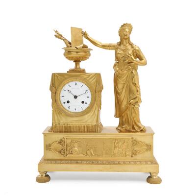 A French Empire gilt bronze figural mantel clock. Early 19th