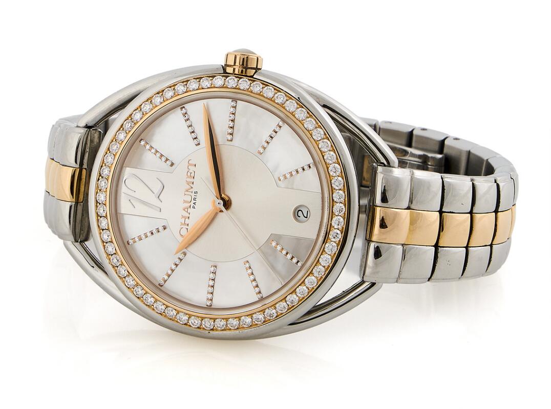 Chaumet: Liens of 18k red gold and steel with diamond-set dial and