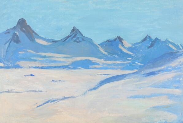 Landscape from Greenland. Unsigned. Oil on canvas laid on cardboard. 30×45 cm.