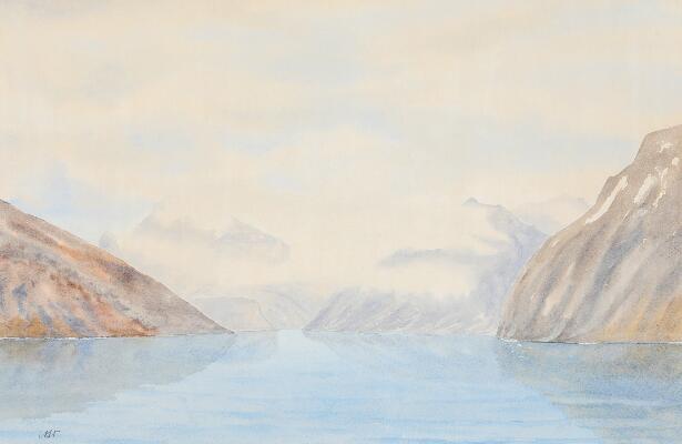 Scenery from Greenland. Signed with monogram. Watercolour on cardboard. 35×53 cm. Unframed.