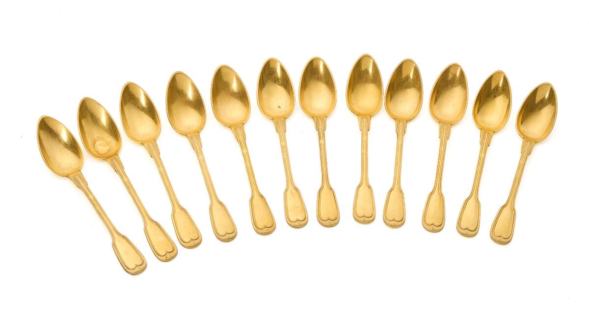A Ducal set of twelve gilded NPNS coffee spoons. Christofle, Paris