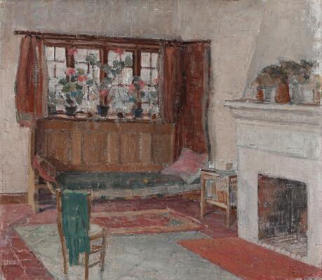 Interior of a living room with a fireplace. Signed and dated G. Thom? 1912. Oil on canvas. 35×40 cm.