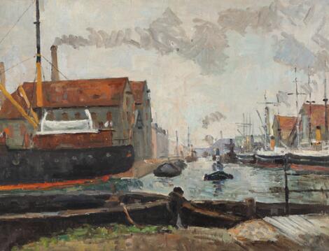 Painter unknonw, 20th century: Harbour scenery. Signed A. Juel Nielsen. Oil on canvas. 65 x 84 cm.