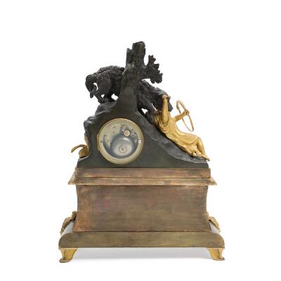 French mantel clock of gilded and patinated bronze, decorated with