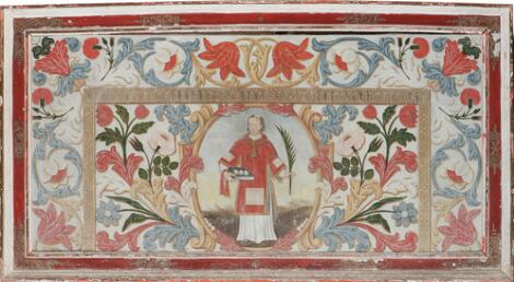 Painter unknown, 19th century: A religious figure with a palm leaf, decorated with foliage. Unsigned. Oil on canvas. 79 x 165. Frame 101 x 186 cm.