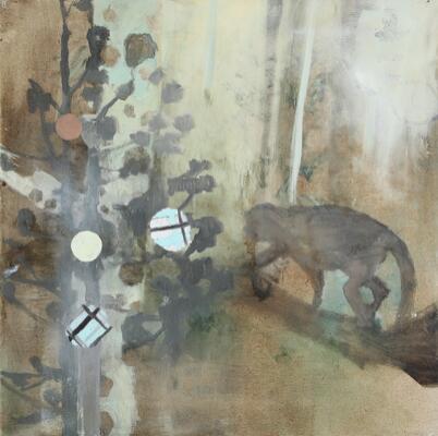 “Scene m/ dovendyr” (Scene w/ sloth), 2003. Signed, dated and titled on the reverse. Oil on canvas. 50×50 cm.