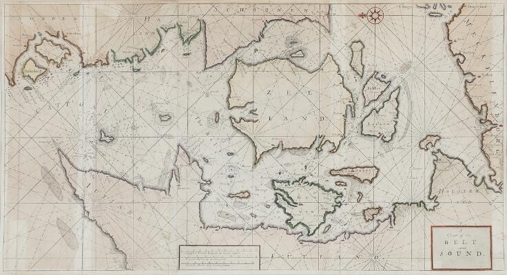 “A Chart of the Belt and Sound”. A map of the Danish waters. 1702. Handcoloured engraving mounted in passe partout. Visible size 44×80 cm.