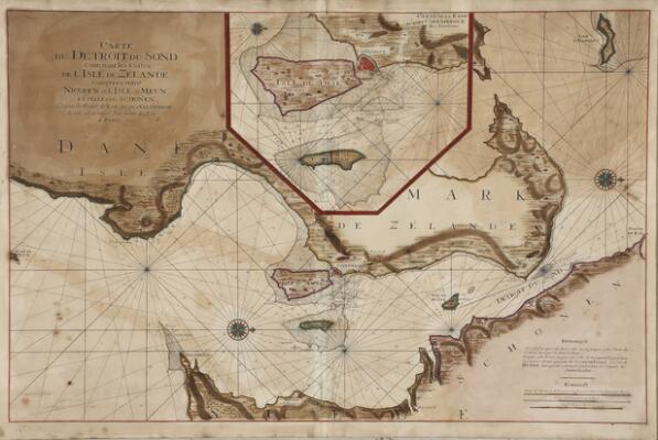 “Carte du Detroit du Sond”. Map of Øresund. 1693. Handcoloured engraving. Visible size 62×92 cm.