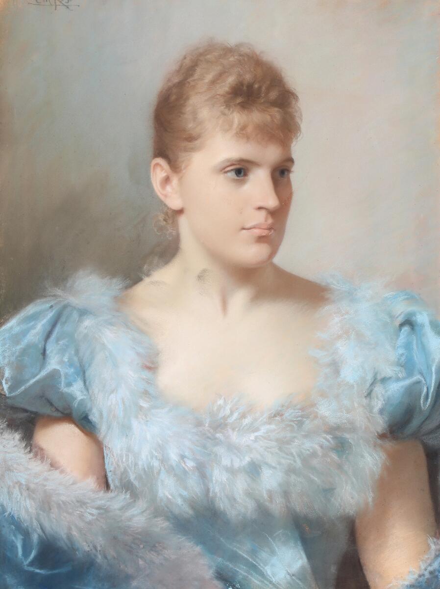 Christian Meier Ross: A portrait of a woman in a blue dress. Signed C. M. Ross. Pastel on paper laid on panel. 70×53 cm. — Paintings — Bruun Rasmussen