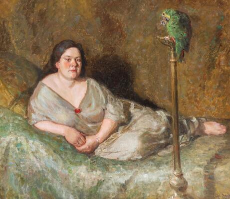 “Siesta”. A female model lying nexxt to a parrot. Signed and dated Jul. Paulsen 1923. Oil on canvas. 107 × 122 cm.