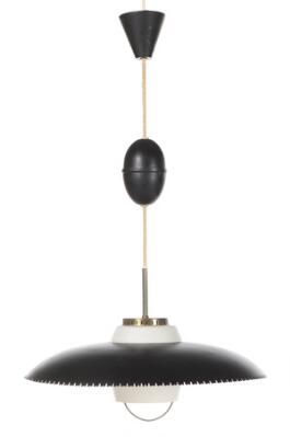 Danish design, Two pendants with black lacquered metal shade, opal glass inner shade and brass mounting. One with adjustable height mechanism. Manufactured by Lyfa. 1950s. Diam. 45 cm. (2)