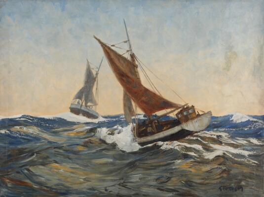 Two ships in a rough sea. Indistinctly signed. Oil on canvas. 60×80 cm.