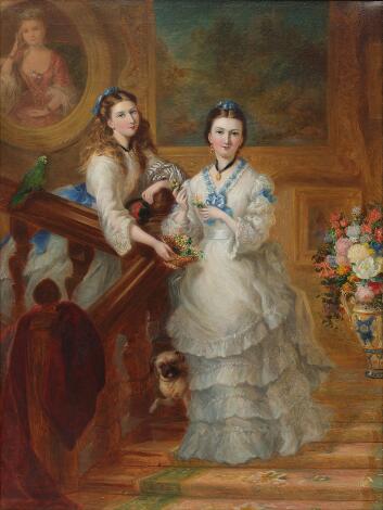 English painter, 19th century: Interior with two girls and parrot. Indistinctly signed. Oil on canvas. 100 x 75 cm.