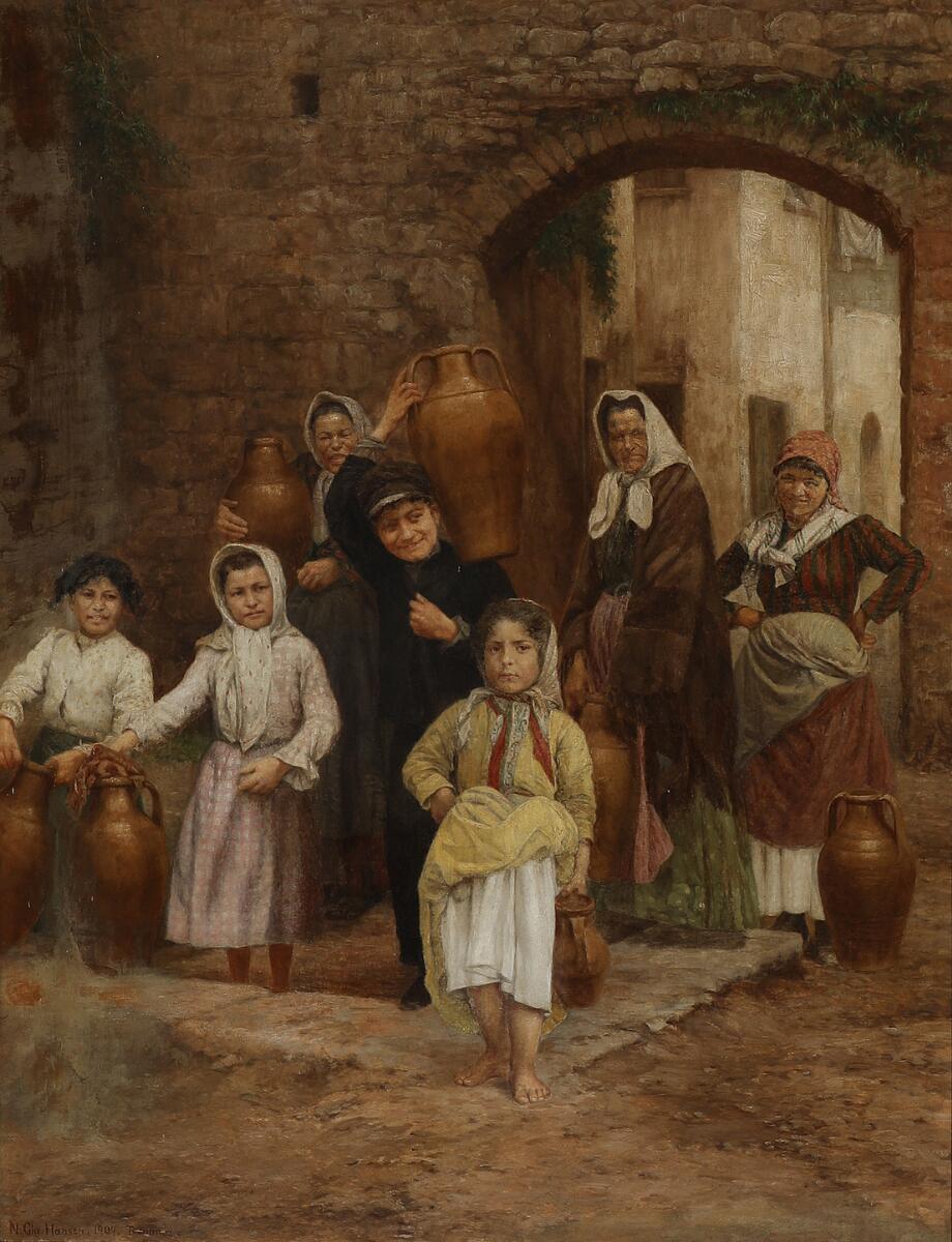 Niels Christian Hansen: Street scene with folks life, Sicily. Signed N. Chr. Hansen. Oil on canvas. 91×69 cm. — Paintings — Bruun Rasmussen
