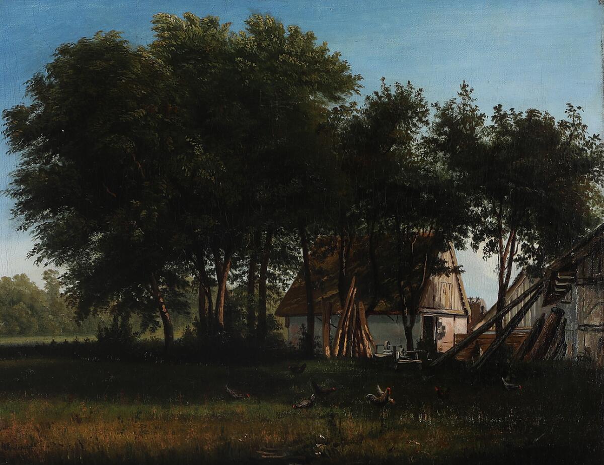 A. Andersen-Lundby: Village scene with houses and chickens. Signed A. Andersen. Oil on canvas. 44.5×59 cm. — Paintings — Bruun Rasmussen