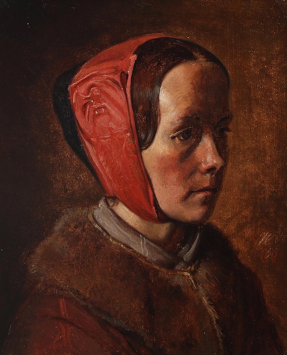 Vilhelm Rosenstand: Portrait of a woman in profile. Signed and dated VR, 60. Oil on panel. 24.5×20 cm. — Paintings — Bruun Rasmussen