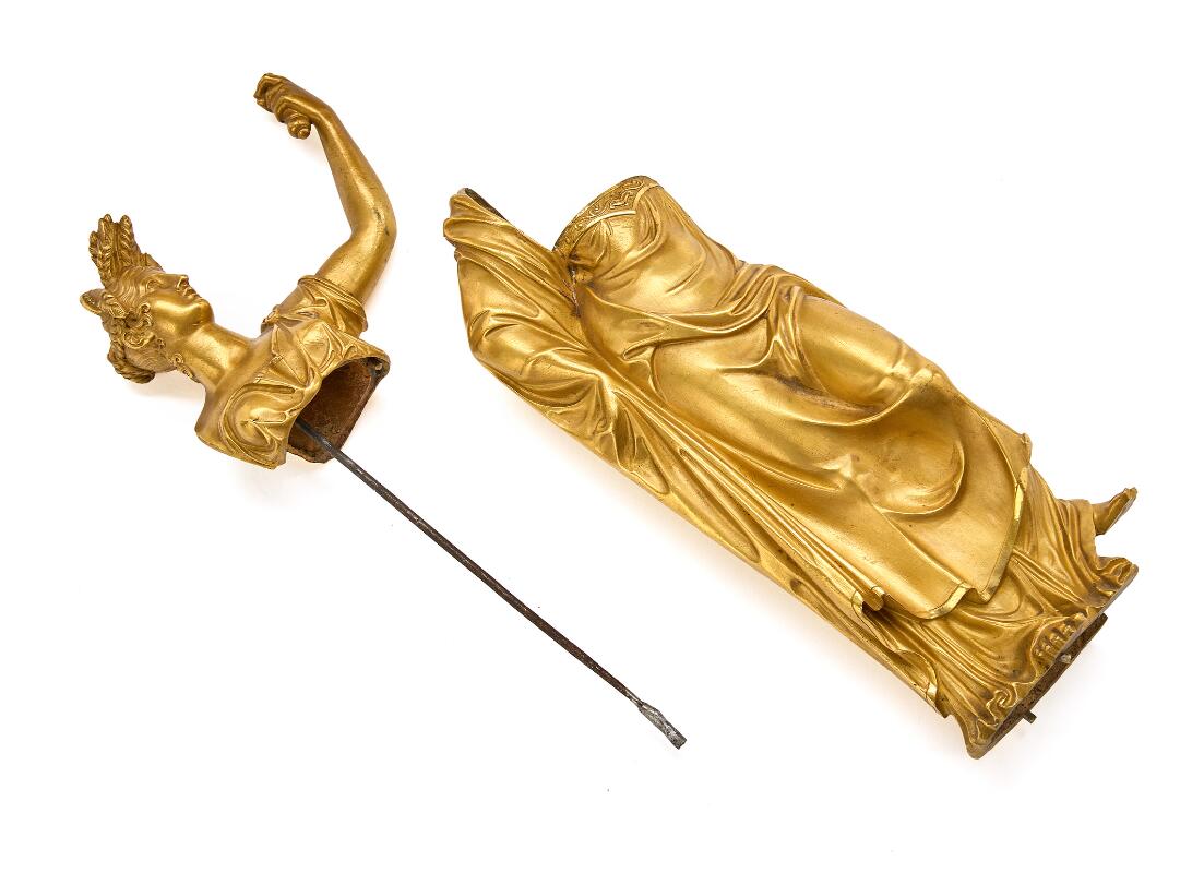 A French late Empire mantelpiece clock, gilded bronze with the